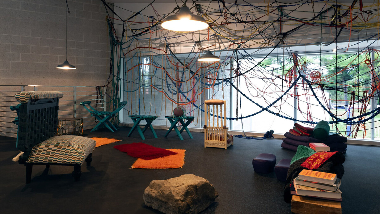 Sheila Pepe, When and where we rest, exhibition view. Courtesy of Tang Museum