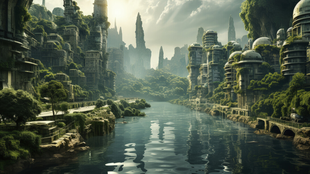 A futuristic cityscape where modern architecture blends seamlessly with abundant greenery and vegetation