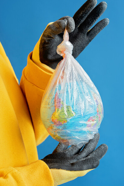 Hands hold a globe tightly wrapped in plastic