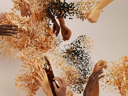 Several hands interacting with cascading data streams, reflecting the fragmentation of identity in the AI age