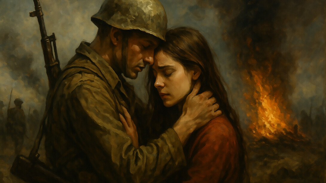 Love and war intertwined — a soldier’s embrace amidst the ruins of battle