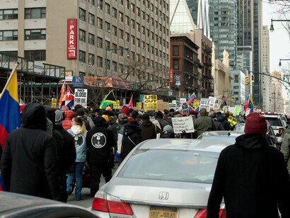 Protestors gather in Times Square against the invasion of Venezuela and kidnapping of Nicolás Maduro by the U.S.