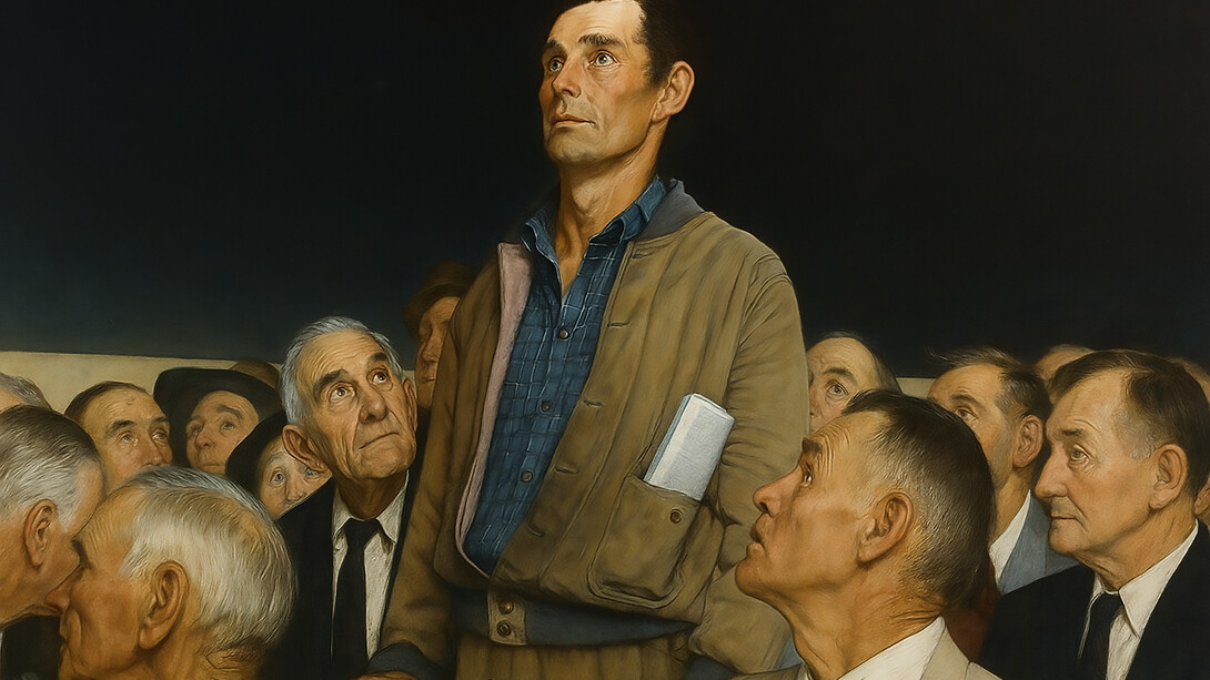 A reimagined horizontal composition of Norman Rockwell’s Freedom of Speech — the first of his Four Freedoms series, inspired by Franklin D. Roosevelt’s 1941 State of the Union address. The painting honors the dignity of the individual voice in democracy, portraying an ordinary citizen standing courageously to speak among his peers — a timeless embodiment of civic freedom and moral conviction