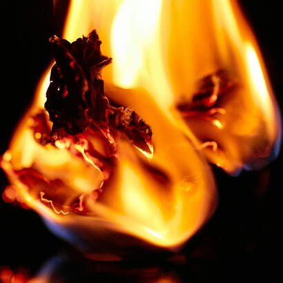A fire burns fiercely in the night, its flames dancing and crackling against the dark sky
