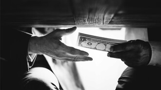 Hidden exchange of bills out of public view, capturing the corrupt dealings that diverted funds from real flood defences