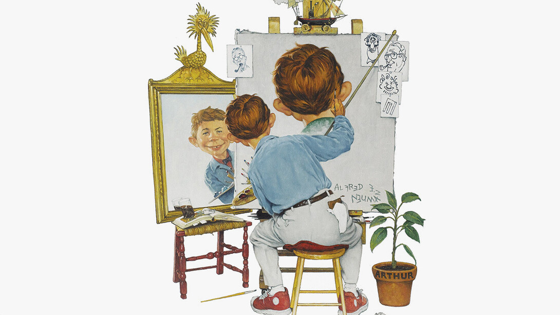 Richard Williams, Alfred E. Neuman and Norman Rockwell, 2002, Cover illustration for Mad Art: A visual celebration of MAD magazine and the idiots who create it (Watson Guptill, 2002) (detail). Courtesy of MAD™