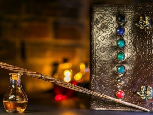 Wizarding props and potions, representing the fusion of memory, fantasy, and commercial storytelling