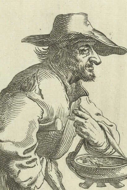 Pieter Quast, "Mendigo con una olla de brasas humeantes", ilustración de la serie "Mendigos y campesinos", 1634-1638