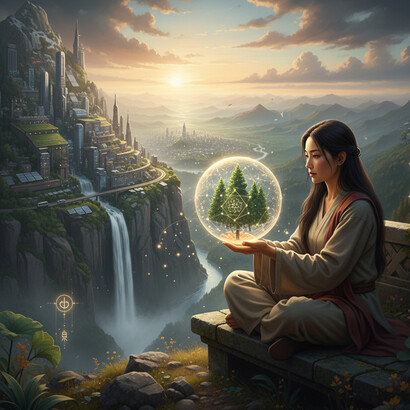 A vision of sustainable development where nature is preserved and technology integrates seamlessly with the environment, guided by careful stewardship