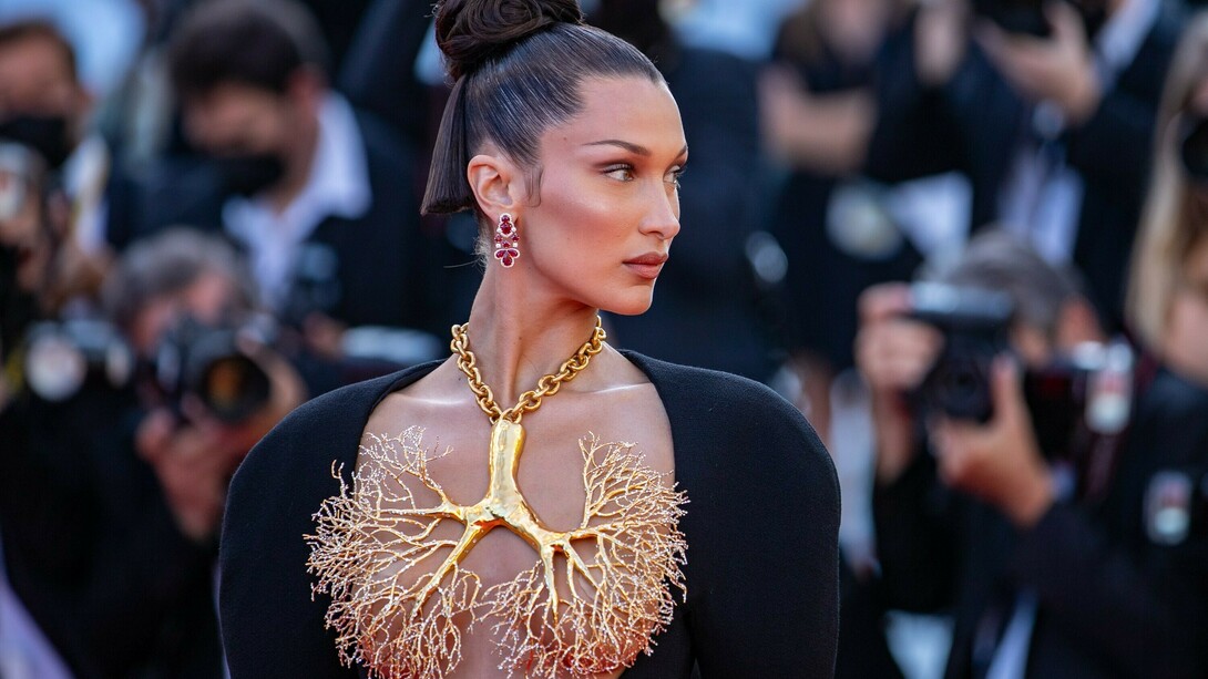 Bella Hadid wearing a Schiaparelli necklace at the 2021 Cannes Film Festival, France