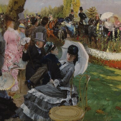 De Nittis, “Ritorno dalle corse”, dettaglio, 1875. Da vero cronista l'artita descrive un gruppo di gentiluomini e signore dell'alta società mentre le carrozze ritornano dalle corse di cavalli