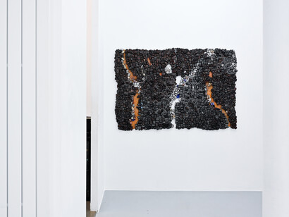 Eva Obodo, And we hired a carpenter to patch the cloth, exhibition view. Courtesy of Afikaris Gallery and the artist