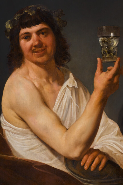 Christian van Couwenbergh, Retrato de un hombre, de medio cuerpo, vestido como Baco, sosteniendo un vaso para beber (s. XVII)