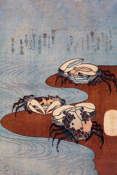 Yashima Gakutei, Cangrejos cerca de una línea de marea, 1827, surimono