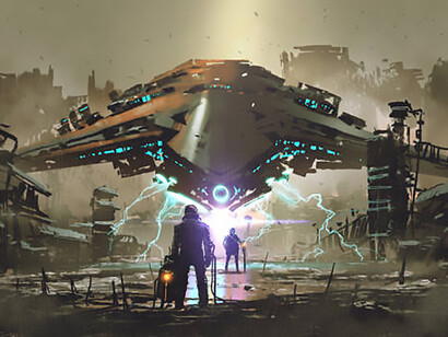 In a futuristic landscape, humans and robots come face to face, reflecting a society where artificial intelligence and machines coexist with humanity