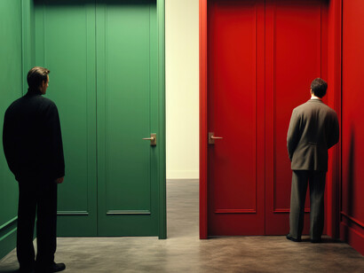 People standing before two closed doors, representing the paralysis that arises when every choice feels consequential