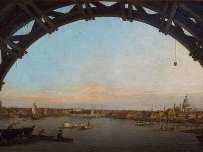 Canaletto, La City di Londra vista attraverso un arco di Westminster Bridge, 1747, olio su tela, 59.7 x 97.5 cm, Alnwick Castle, Northumberland, collezione del duca di Northumberland, Crediti immagine Collection of the Duke of Northumberland, Alnwick Castle