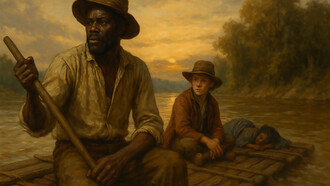 Jim and Huck drift along the Mississippi at twilight, a journey of survival, freedom, and uneasy companionship