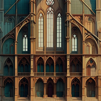 Detailschnitt: nebeneinander stehende Zweikreisspitzbogenfenster