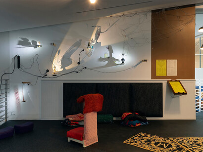 Sheila Pepe, When and where we rest, exhibition view. Courtesy of Tang Museum