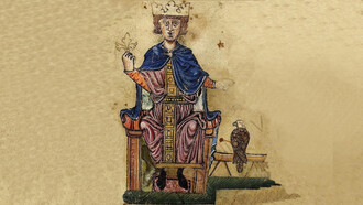 Federico II e il suo falco. Dal suo libro "De arte venandi cum avibus" (L'arte di cacciare con gli uccelli). Da un manoscritto della Biblioteca Vaticana, Pal. lat 1071, fol. 1), fine XIII secolo