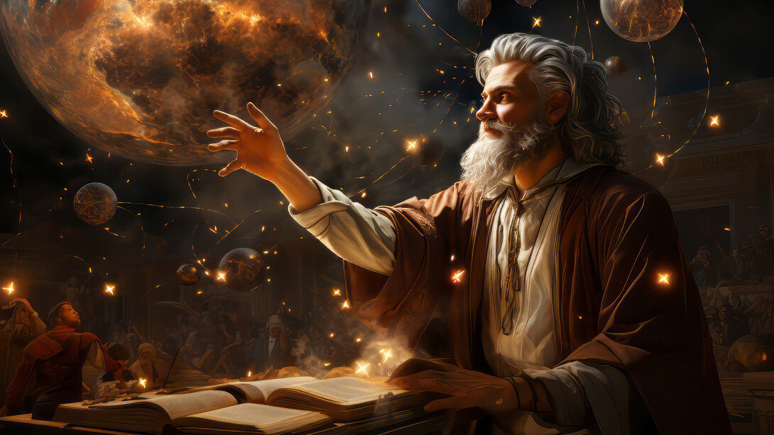 Le sage qui étend la main vers les sphères incarne l’idée d’une continuité cosmique où la pensée, la matière et la lumière participent d’une même puissance agissante, telle que la conçoit Espinoza