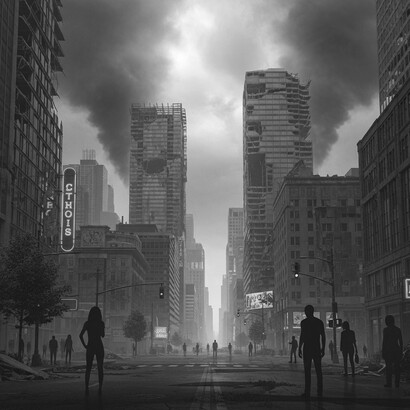 In a bleak industrial wasteland blanketed by smog and decay, Mother Earth lies exhausted and wounded. The ruins of war and human neglect scar the ground, echoing the cost of unchecked progress