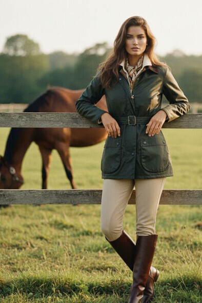 A woman in an equestrian-inspired fashion style standing beside a horse