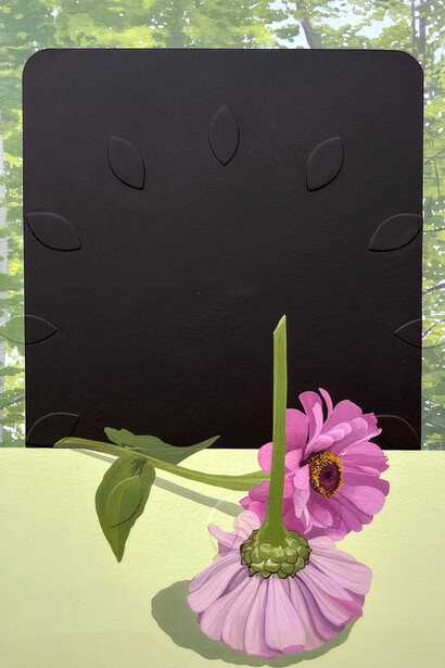 Sarah Pater, Two zinnias after Albert York (clock, relief), 2025. Courtesy of Sarah Pater and Pentimenti, Philadelphia, PA