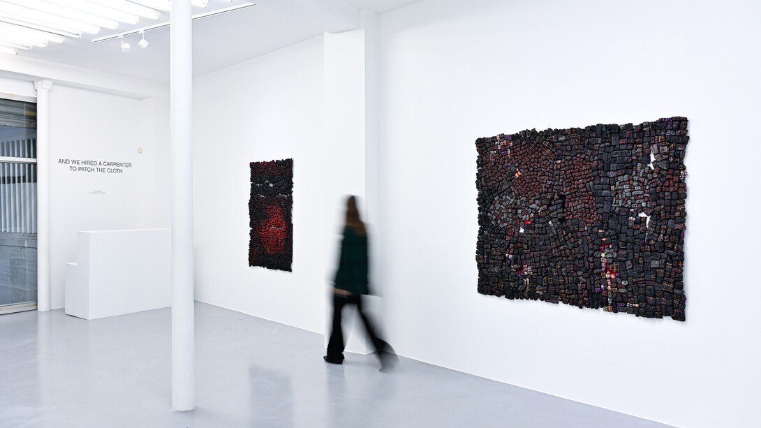 Eva Obodo, And we hired a carpenter to patch the cloth, exhibition view. Courtesy of Afikaris Gallery and the artist