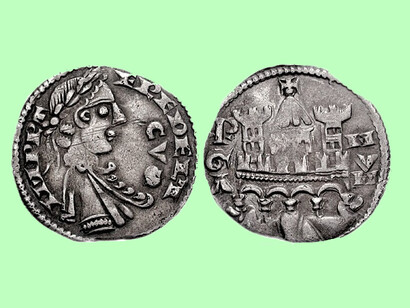 Italia, Bergamo. Comune. XI - inizi XIV secolo. AR Grosso da 6 denari (1.20 g, 10h). coniato a nome di Federico II, 1236-1250. IMPRT FREDERI/CVS (S orizzontale), busto laureato, drappeggiato e armato dx. PGA in verticale a sinistra nel campo, MVM a destra (P barrata), facciata di chiesa fiancheggiata da torri. In alto crescenti. CNI IV pg. 44, 126; Biaggi 352