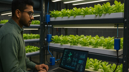 A researcher monitors an AI-powered hydroponic system using real-time data to optimize plant growth in a controlled indoor environment