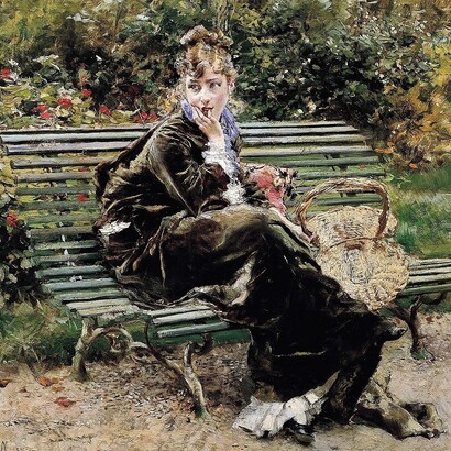 Giovanni Boldini, “Sulla panchina al Bois”, dettaglio, 1872. Berthe è la sua musa di quegli anni. Boldini se ne innamorò follemente e divenne la sua amante