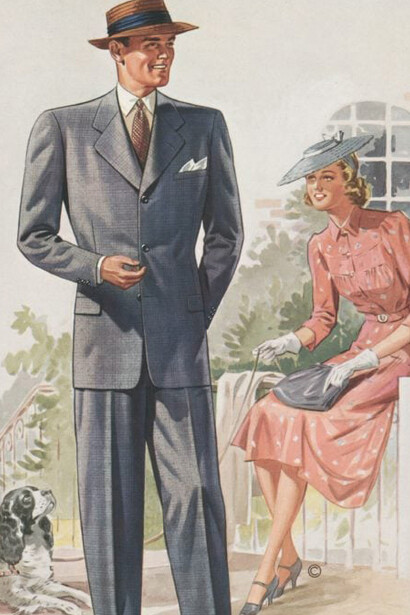 A stylish 1940s men’s double-breasted belted raglan overcoat featuring three buttons, split sleeves with cuffs, and slash pockets, as seen in vintage fashion magazines