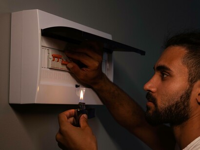 Un uomo esamina un quadro elettrico aperto, usando la luce di un accendino per vedere i fusibili o gli interruttori, durante un blackout