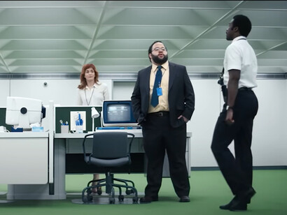 Milchick (Tramell Tillman) strides across the sterile green office floor, while Dylan (Zach Chery) and Helly (Britt Lower) exchange glances in Lumon’s eerily perfect workspace