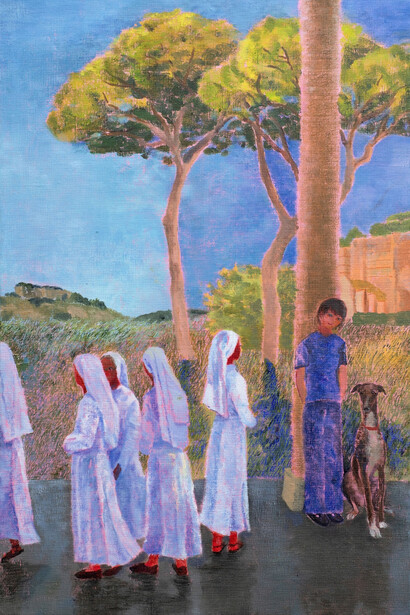 Minami Kobayashi, A group of nuns, a boy and a dog at an arcade, 2025. Courtesy of Bel Ami