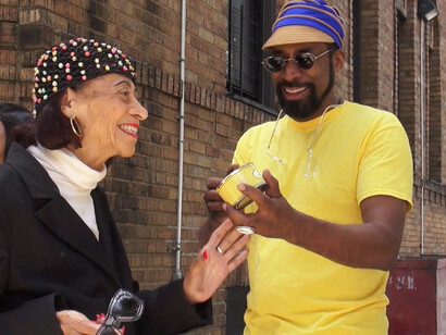 Nari Ward, Sugar Hill Smiles, 2014 for No Longer Empty's exhibition If You Build It, on view June 25-August 10, 2014 in Broadway Housing Communities' Sugar Hill Building. Photo credit: Amelia Golden.