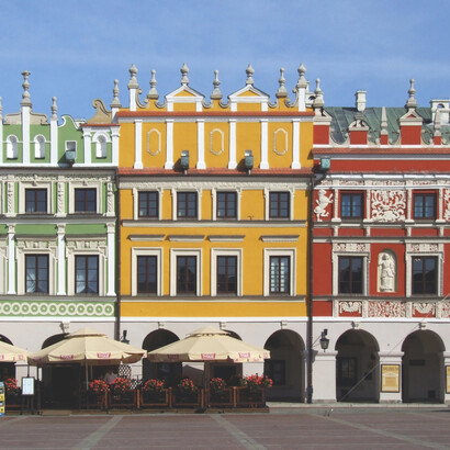 The Great Market Square in Zamość is a perfectly square plaza at the heart of the Old Town, serving as its central gathering place. It measures 100 by 100 meters, Poland