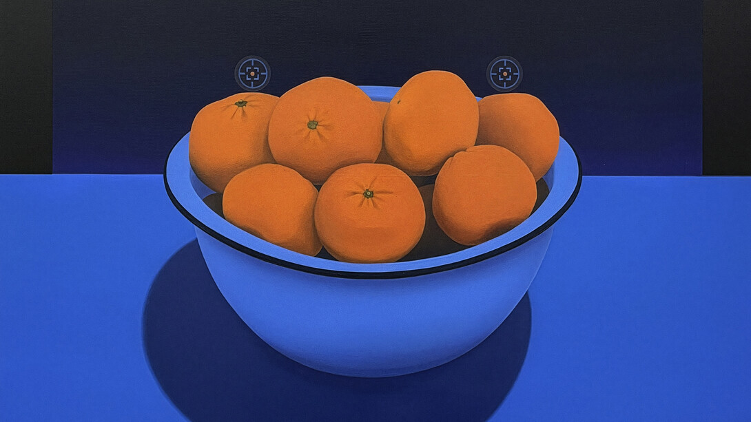 Sarah Pater, Oranges with pandora sphinx moth (twin targets) (detail), 2025. Courtesy of Sarah Pater and Pentimenti, Philadelphia, PA