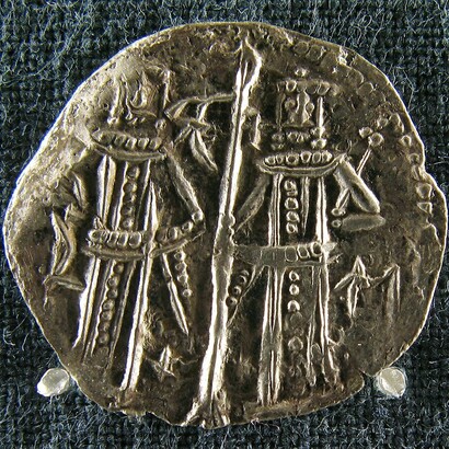 Moneta medievale, Bulgaria, Ivan Alexander e Michele (IV Asen), denier in argento, 1340-55 ca, Museo Numismatico di Atene, Grecia
