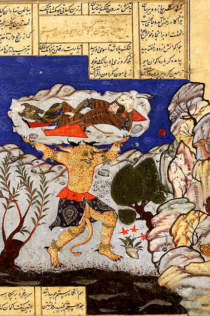 Scene from the Shahnameh: Akvan Div throws the sleeping Rostam into the sea