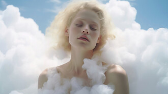 A dreamy scene of a woman floating in the sky, surrounded by soft white clouds