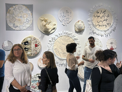 Various artists, Women pulling at the threads of social discourse: don’t be absurd, exhibition view. Courtesy of The Camp Gallery