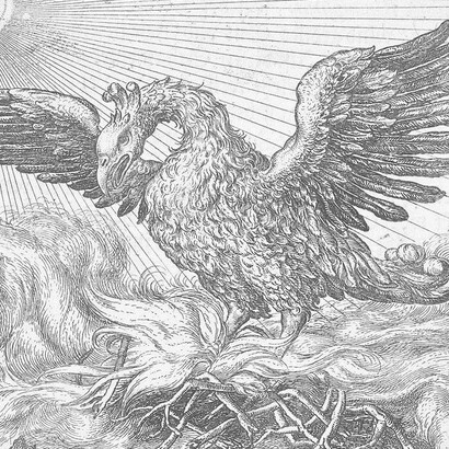 La favola della fenice, illustrazione per Sadeler, Aegidius. Theatrum Morum. Aegidius Sadeler, Praga, incisione e calcografia, 1608