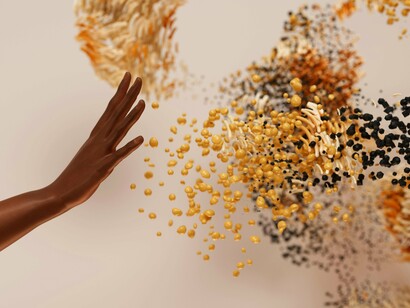 A person reaching for abstract digital swarms, symbolising sovereignty at risk in a surveilled world