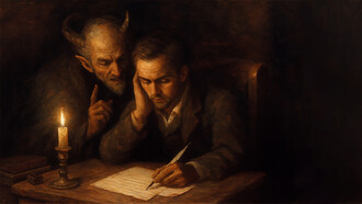 A man writes by candlelight as a shadowed figure whispers over his shoulder — a haunting reflection of temptation and moral struggle from The Screwtape Letters