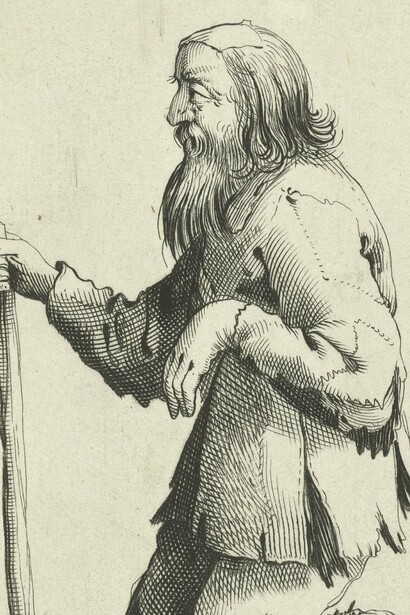 Pieter Quast, "Vagabundo lisiado", ilustración de la serie "Mendigos y campesinos", 1634-1638