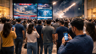 People gather inside a modern shopping mall while watching breaking news coverage of regional missile interceptions on large public screens, illustrating how information and media shape public perception during moments of geopolitical crisis