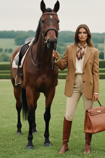 Equestrian-inspired fashion styling, with a woman standing beside a horse